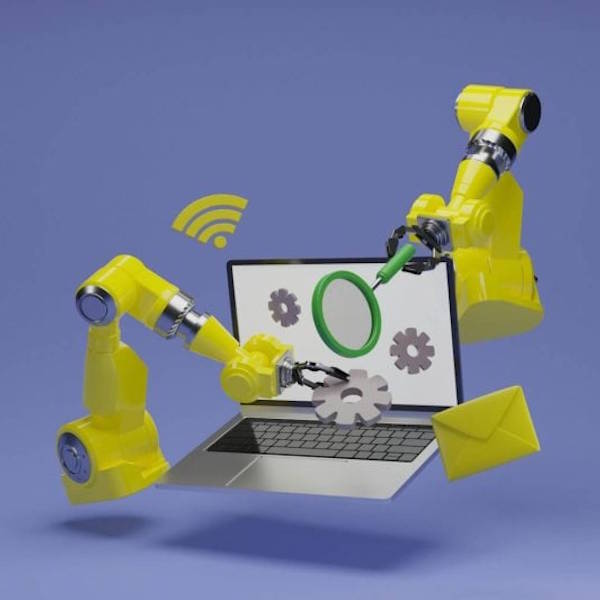 Industrial robots assembing a laptop computer: Extension apps let you automatically read data into your Docusign workflows.